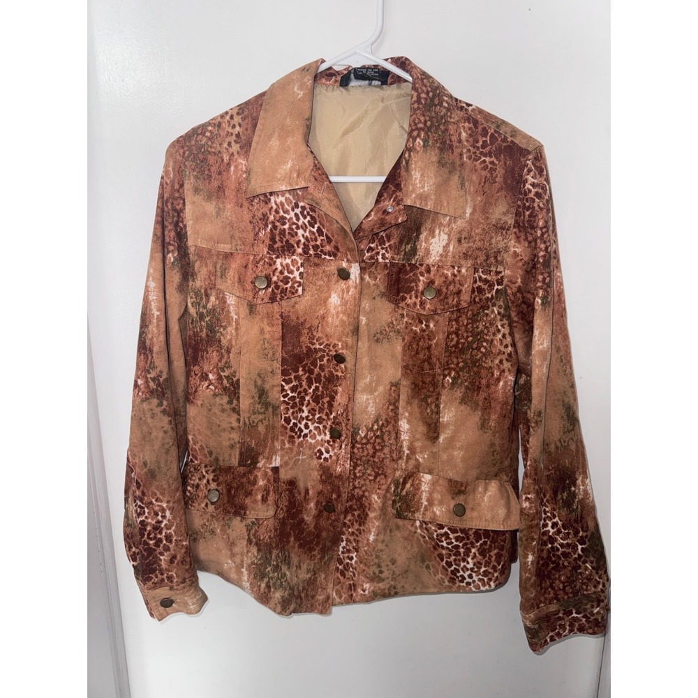 Morgan Cole Brown Animal Print Faux Suede Jacket Womens Medium Button‎ Front